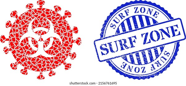 Detritus mosaic hazard virus icon, and blue round SURF ZONE grunge stamp imitation with word inside round form. Hazard virus mosaic icon of shard elements which have variable sizes, and positions,