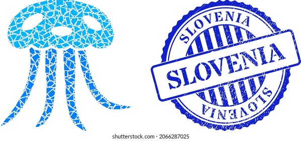 Detritus mosaic jellyfish icon, and blue round SLOVENIA grunge stamp with text inside round form. Jellyfish mosaic icon of shards elements which have different sizes, and positions, and color hues.