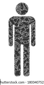 Detritus mosaic man figure icon. Man figure mosaic icon of shard elements which have randomized sizes, and positions, and color shades. Vector combination for abstract images.