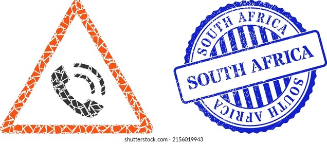 Detritus mosaic phone call warning icon, and blue round SOUTH AFRICA grunge stamp with word inside round form. Phone call warning collage icon of detritus parts which have randomized sizes,