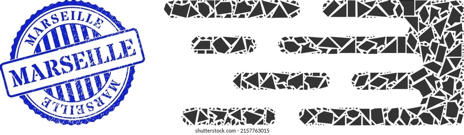 Detritus mosaic transition beam icon, and blue round MARSEILLE unclean badge with caption inside round shape. Transition beam collage icon of detritus particles which have randomized sizes,