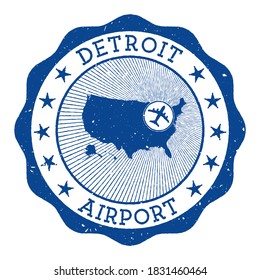 Detroit Airport stamp. Airport of Detroit round logo with location on United States map marked by airplane. Vector illustration.