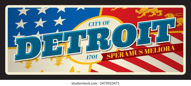 Detroit american city retro travel plate, tin sign, tourist sticker. USA city tin sign, vector vintage souvenir card or banner with flag. USA flag and coat of arms, speramus meliora motto