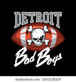 Detroit bad boys t shirt design for black shirts. highly detailed skull illustration with rugby red color in background. 