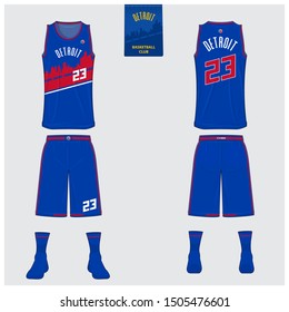 Detroit basketball uniform mockup template design for basketball club. Tank top t-shirt mockup for basketball jersey. Front view, back view basketball shirt. Sport logo design. Vector Illustration.