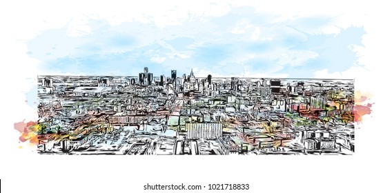 Detroit City, Michigan, USA. Watercolor splash with Hand drawn sketch illustration in vector.