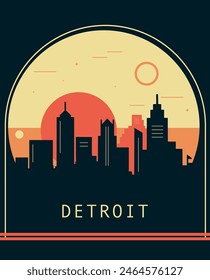 Detroit city retro style poster with skyline, cityscape. USA Michigan state vintage vector illustration. US front cover, brochure, flyer, leaflet template, layout image