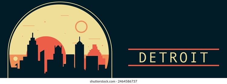 Anuncio de Vector de estilo retro de la ciudad de Detroit con horizonte, paisaje urbano. EE.UU. Michigan estado vintage ilustración Horizontal. Diseño de viajes de los Estados Unidos de América para presentación de Web, encabezado, pie de página