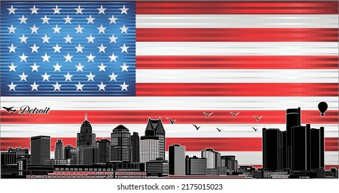 Skyline de la ciudad de Detroit con bandera de EE.UU. en segundo plano - ilustración