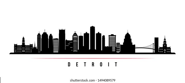 Detroit City skyline horizontal banner. Black and white silhouette of Detroit City, Michigan. Vector template for your design. 
