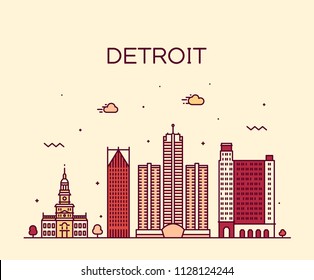 Detroit city skyline, Michigan, USA. Trendy vector illustration, linear style