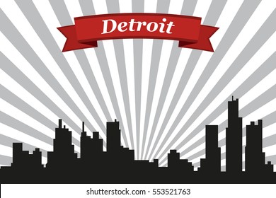 Detroit city skyline with rays background and ribbon