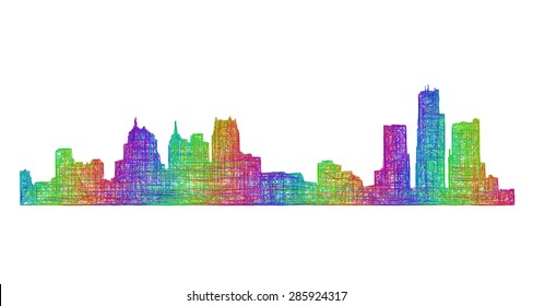Detroit city skyline silhouette - multicolor line art