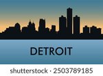 Detroit. The city skyline. Silhouettes of buildings. The sunset of the day. Vector on a blue background