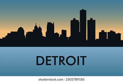 Detroit. Die Skyline der Stadt Silhouetten von Gebäuden. Der Sonnenuntergang des Tages. Vektor auf blauem Hintergrund