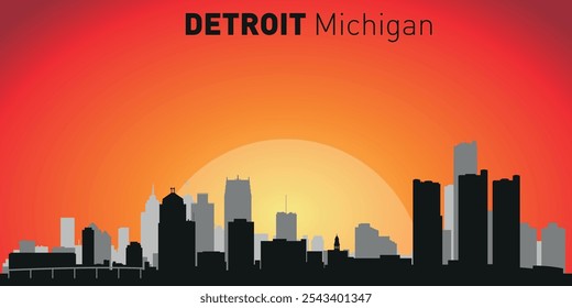  Horizonte de la ciudad de Detroit con siluetas de edificios con el telón de fondo de un Grande sol amarillo y cielo naranja. Vector en el fondo de la puesta del sol