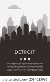 Detroit city template for website, presentation, front page, invitation, publication sheet with skyline, landmarks. Vector Michigan, USA image layout, simple and grayscale