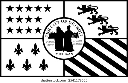 Ilustración de la silueta del Vector de la bandera de Detroit aislada. Símbolo de USA City. Escudo de armas de la sombra de la ciudad de Detroit, estado de Michigan. Anuncio del emblema, símbolo nacional, sello.