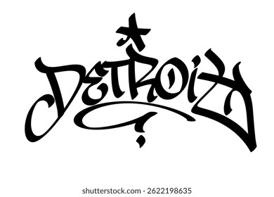 Detroit graffiti tag in bold black ink on white background. Urban street art lettering, edgy and resilient city name design, perfect for branding, prints, streetwear, and digital projects.
