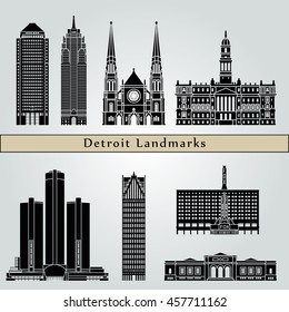 Detroit Landmarks And Monuments Isolated On Blue Background In Editable Vector File