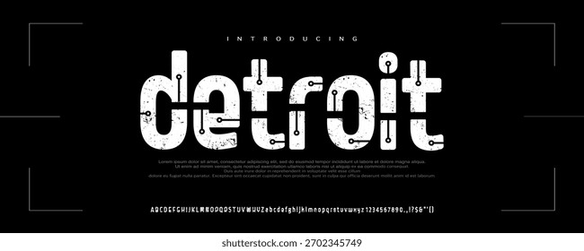 Máquina de Detroit. Vector de muestra oxidada Auto Show. Grungy Metallic con adorno Máquina en la fuente. Conjunto de letras y números del alfabeto artístico.