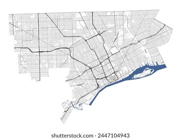 Detroit map. Detailed map of Detroit city administrative area. Cityscape panorama. Royalty free vector illustration. Outline map with highways, streets, rivers.