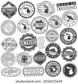 Detroit, MI, USA Set of Stamps. City Travel Marks. Made In Product. Design Seals Old Style Insignia.