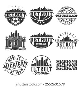 Detroit, MI, USA Sport Bundle Vector Art. City Skyline School Team Emblem.