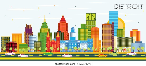 Detroit Michigan City Skyline with Color Buildings and Blue Sky. Vector Illustration. Business Travel and Tourism Concept with Modern Architecture. Detroit Cityscape with Landmarks.