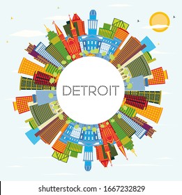 Detroit Michigan City Skyline with Color Buildings, Blue Sky and Copy Space. Vector Illustration. Business Travel and Tourism Concept with Modern Architecture. Detroit USA Cityscape with Landmarks.