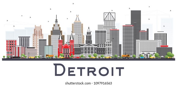 Detroit Michigan City Skyline with Gray Buildings Isolated on White. Vector Illustration. Business Travel and Tourism Concept with Modern Architecture. Detroit USA Cityscape with Landmarks.
