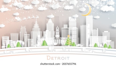 Detroit Michigan City Skyline in Paper Cut Style with Snowflakes, Moon and Neon Garland. Vector Illustration. Christmas and New Year Concept. Santa Claus on Sleigh. Detroit USA Cityscape.