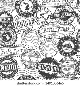Detroit Michigan Stamps. City Stamp Vector Art. Postal Passport Travel. Design Set Pattern.