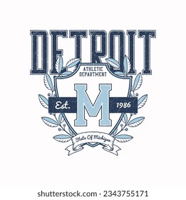 Detroit, Michigan t-shirt design with college shield and laurel wreath. College style tee shirt design. Sports apparel print with grunge. Vector illustration.