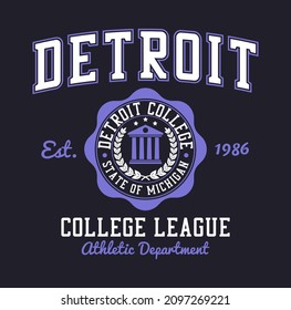 Detroit, Michigan T-shirt Design. Typography Graphics For College Tee Shirt. Detroit College, Varsity Style Apparel Print. Vector Illustration.