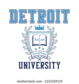 Detroit, Michigan university t-shirt design with varsity shield with open book, crown and laurel wreath, ribbon banner. Tee shirt and sports apparel print in college style. Vector illustration.