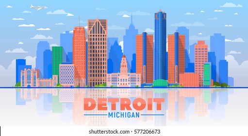 Detroit, Michigan (USA) city skyline vector illustration on sky background.Business travel and tourism concept with modern buildings. Image for presentation, banner, web site.