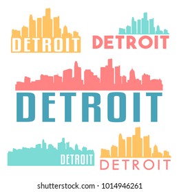 Detroit Michigan USA Flat Icon Skyline Silhouette Design City Vector Art Famous Buildings Color Set.