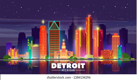 Detroit, Michigan (USA) night city skyline vector illustration on sky background. Business travel and tourism concept with old and modern buildings. Image for presentation, banner, web site.
