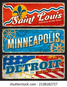 Detroit, Minneapolis And Saint Louis American Cities Plates And Travel Stickers. USA City Grunge Tin Sign, Vector Vintage Souvenir Card Or Banner With Shabby Sides, American Flag And Retro Typography