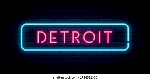 Detroit neon sign. Bright light signboard. Vector banner.