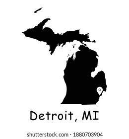 Detroit on Michigan State Map. Detailed MI State Map with Location Pin on Detroit City. Black silhouette vector map isolated on white background.