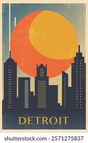 Detroit retro city poster with abstract shapes of skyline, buildings. USA, Michigan state vintage travel vector illustration, cityscape at sunrise, sunset