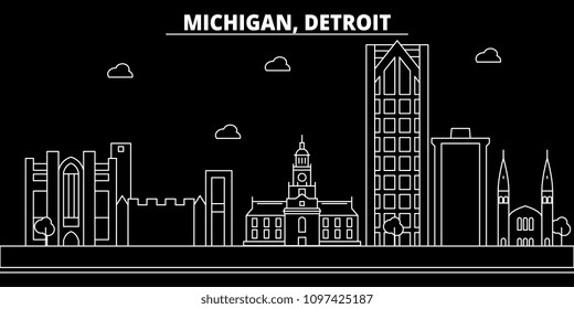 Detroit silhouette skyline. USA - Detroit vector city, american linear architecture, buildings. Detroit travel illustration, outline landmarks. USA flat icon, american line banner