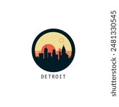 Detroit skyline, downtown panorama logo, logotype. USA, Michigan state round badge contour, isolated vector vintage pictogram with monuments, landmarks