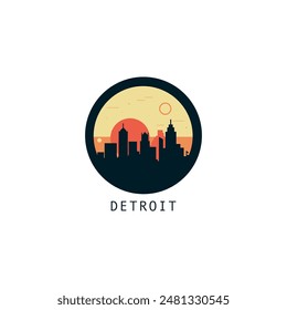 Detroit skyline, downtown panorama logo, logotype. USA, Michigan state round badge contour, isolated vector vintage pictogram with monuments, landmarks