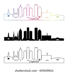 Detroit skyline linear style with rainbow in editable vector file