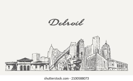 Detroit skyline, Michigan, USA, hand drawn vector illustration, sketch