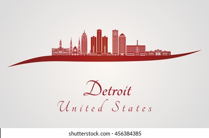 Detroit skyline in red and gray background in editable vector file