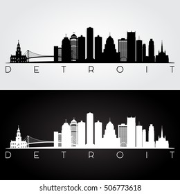 Detroit USA skyline and landmarks silhouette, black and white design, vector illustration.